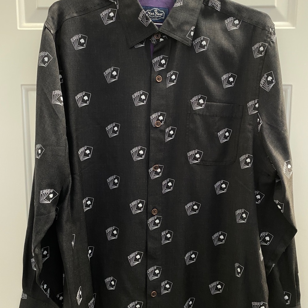 Nat Nast mens long sleeve, wool blend shirt with purple trim, metal buttons